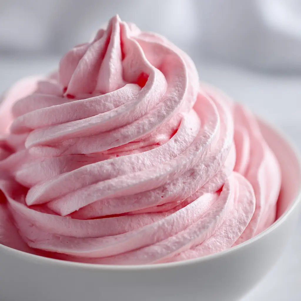 A spatula lifting a generous amount of pink marshmallow fluff frosting from a mixing bowl.