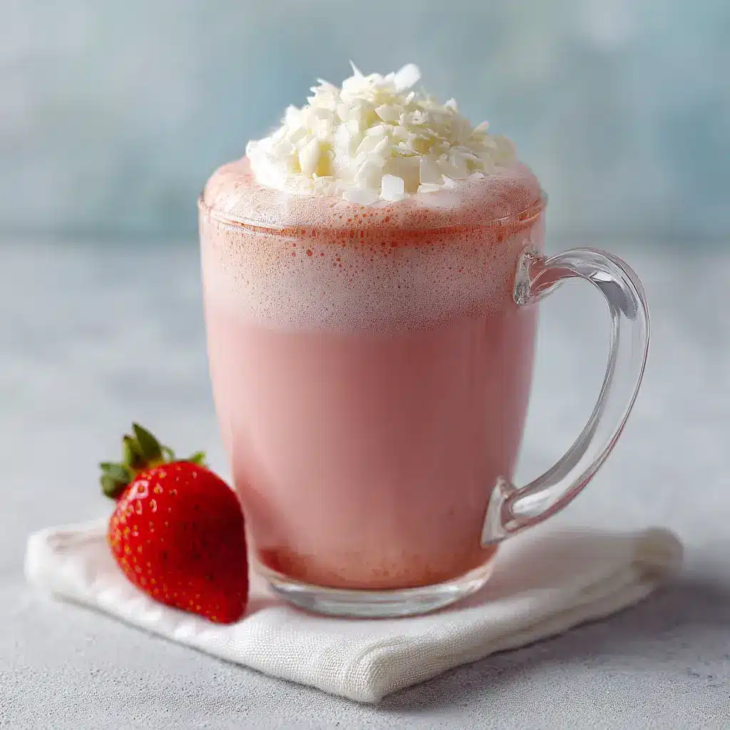 A step-by-step image showing the combination of strawberry puree and white hot chocolate.