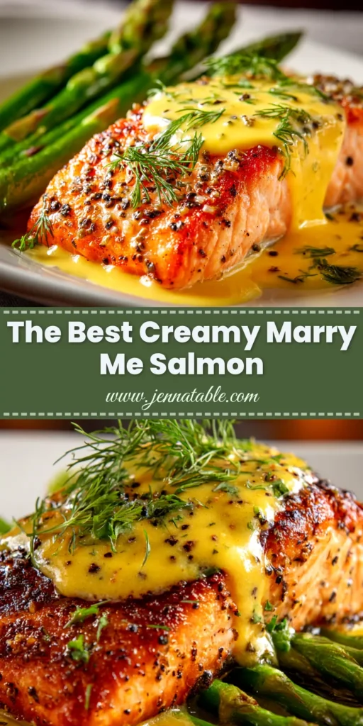 A stunning overhead shot of Marry Me Salmon in a skillet. The creamy sun-dried tomato sauce generously coats the salmon fillets, garnished with fresh basil.