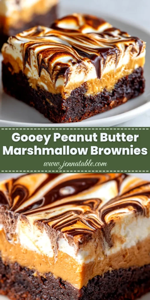 A pan of decadent Marshmallow Peanut Butter Brownies, cut into squares. The gooey, toasted marshmallow topping is golden brown, covering a rich chocolate brownie with visible peanut butter swirls.
