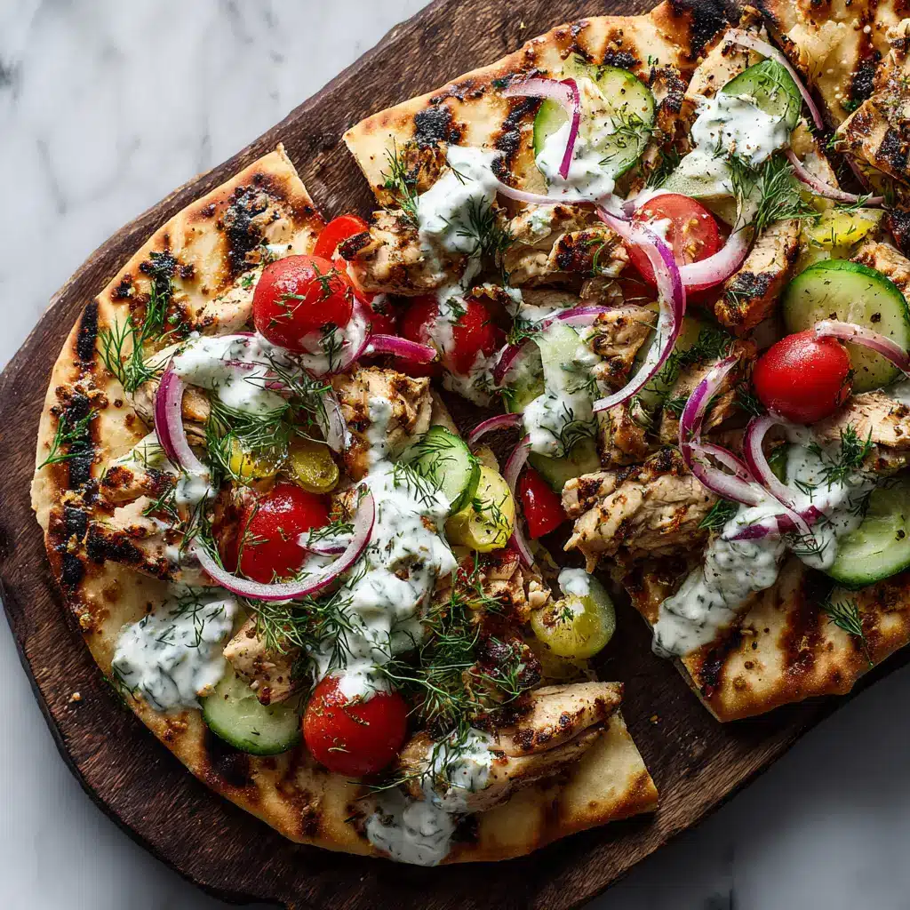 Greek Chicken Flatbread (The Ultimate 30-Minute Meal!) 2 A close-up view of the ingredients for a Mediterranean chicken flatbread, including marinated chicken, fresh dill, and cucumbers.