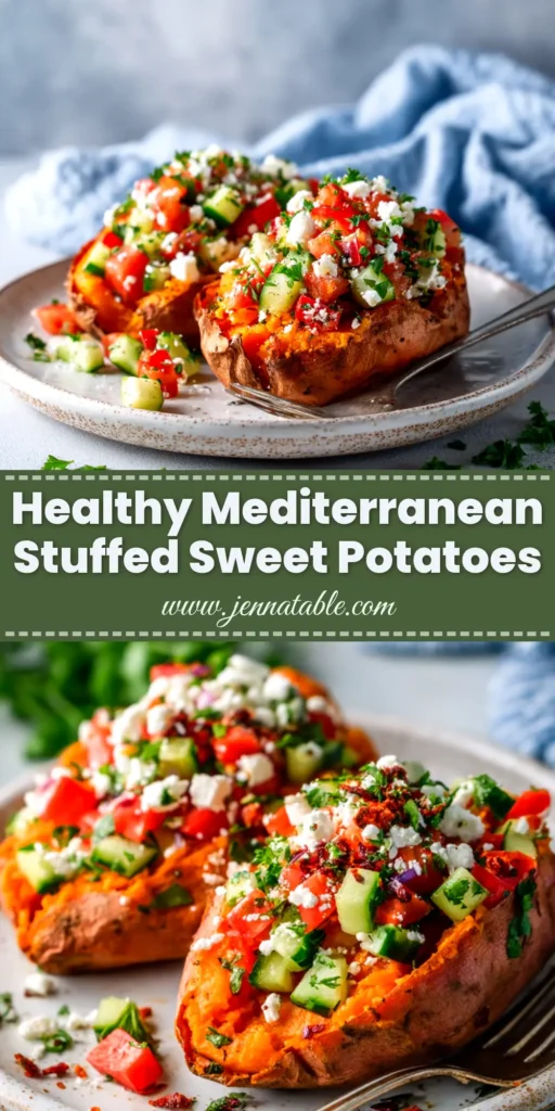 A close-up overhead shot of Mediterranean stuffed sweet potatoes filled with chickpeas, tomatoes, and feta, drizzled with tahini sauce.