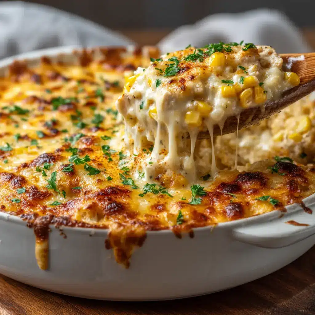The full Street Corn Chicken Casserole in a baking dish before serving, showing the perfectly melted cheese topping.