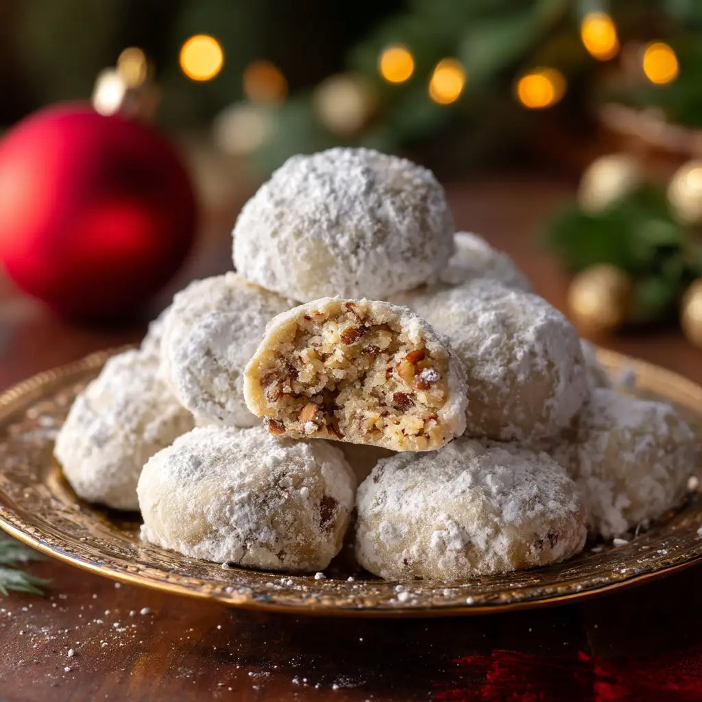A close-up view of Mexican wedding cookies, highlighting the texture of the powdered sugar and the round shape of the cookies.