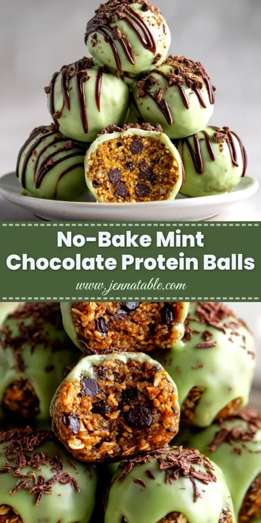 A stack of no-bake Mint Chocolate Chip Protein Balls on a white plate, with fresh mint leaves and chocolate chips scattered around.