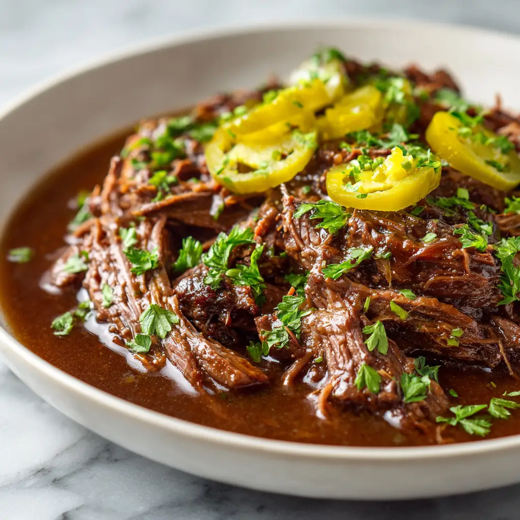 A hearty plate of Mississippi pot roast served with creamy mashed potatoes and fresh green beans.