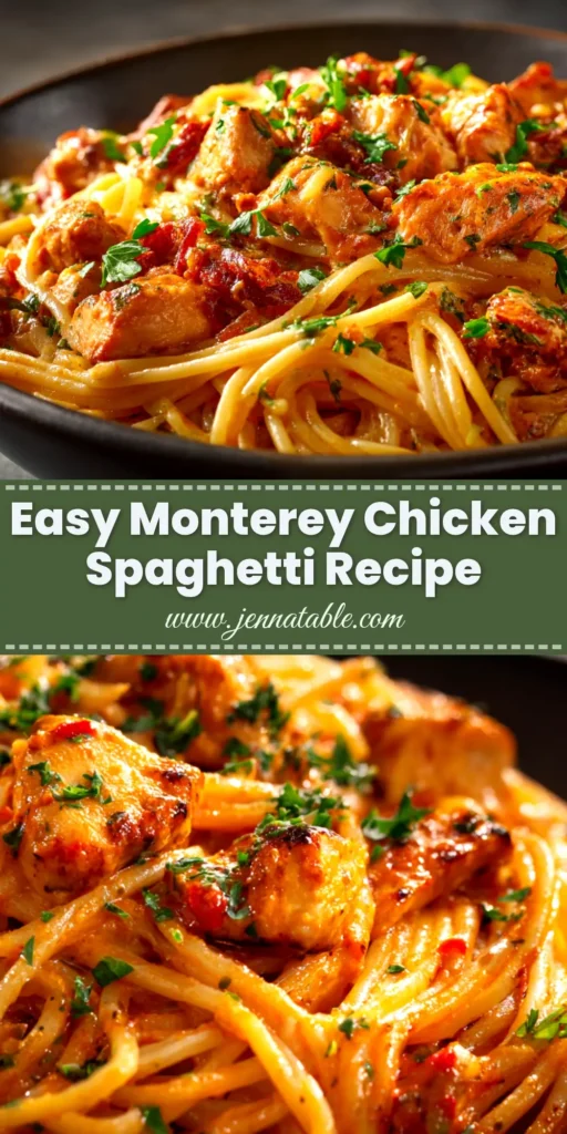A large skillet filled with Monterey Chicken Spaghetti, showing creamy BBQ sauce, melted cheese, bacon, and fresh parsley garnish. The perfect easy weeknight dinner recipe.
