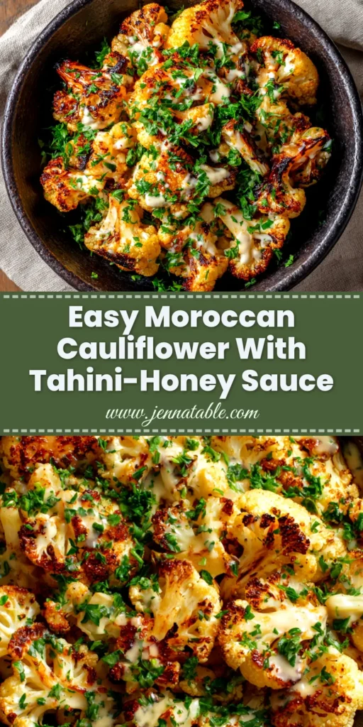 A vibrant platter of roasted Moroccan cauliflower, garnished with fresh cilantro and parsley. The cauliflower is golden-brown and perfectly spiced.