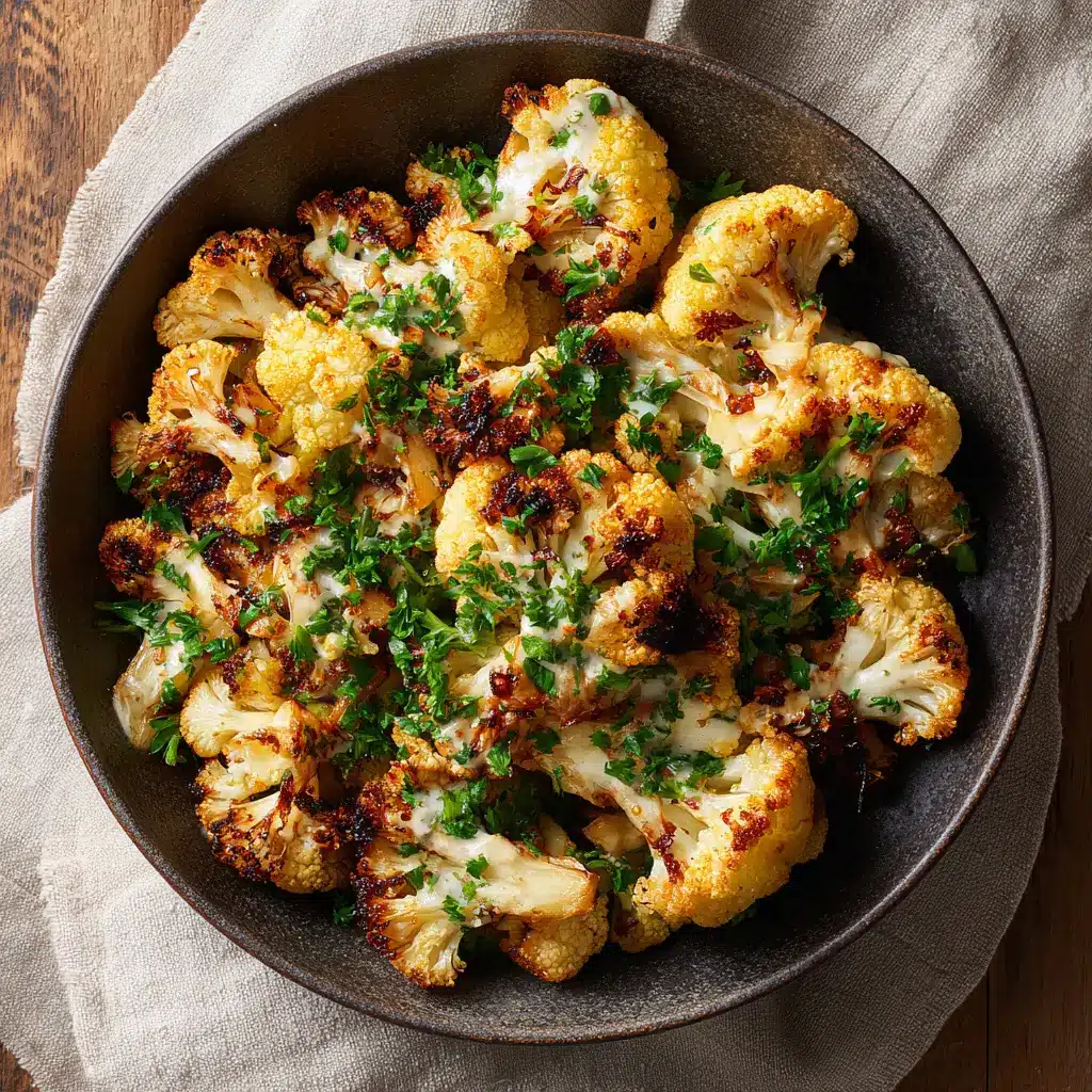 A serving bowl filled with finished Moroccan cauliflower, tossed with fresh herbs and a squeeze of lemon, ready to be served.