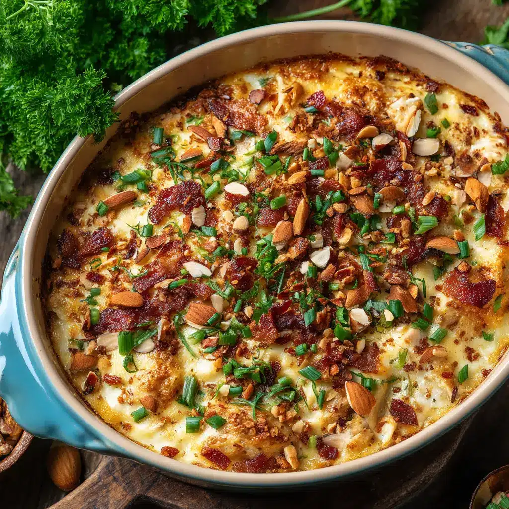 Neiman Marcus Chicken Casserole (The Original Copycat Recipe) 2 An overhead close-up shot of a freshly baked Neiman Marcus chicken and almond casserole in a rustic dish, ready to be served.