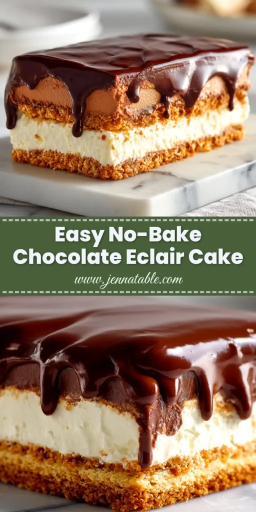 Chocolate Eclair Cake: The Ultimate No-Bake Dessert Recipe 3 A delicious slice of no-bake Chocolate Eclair Cake on a white plate, showcasing its creamy layers and rich chocolate glaze.
