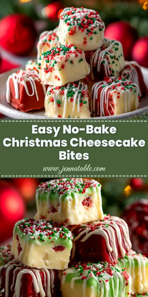 A festive platter of No-Bake Christmas Cheesecake Bites decorated with red and green sprinkles, ready for a holiday party. The perfect easy Christmas dessert recipe.