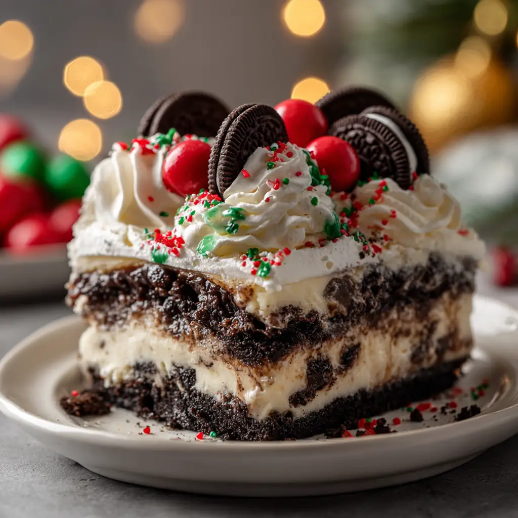 No-Bake Christmas Oreo Lasagna (The Ultimate Holiday Treat) 1 The full 9x13 dish of No-Bake Christmas Oreo Lasagna, topped with Cool Whip, festive sprinkles, and crushed Oreos, ready to be served.
