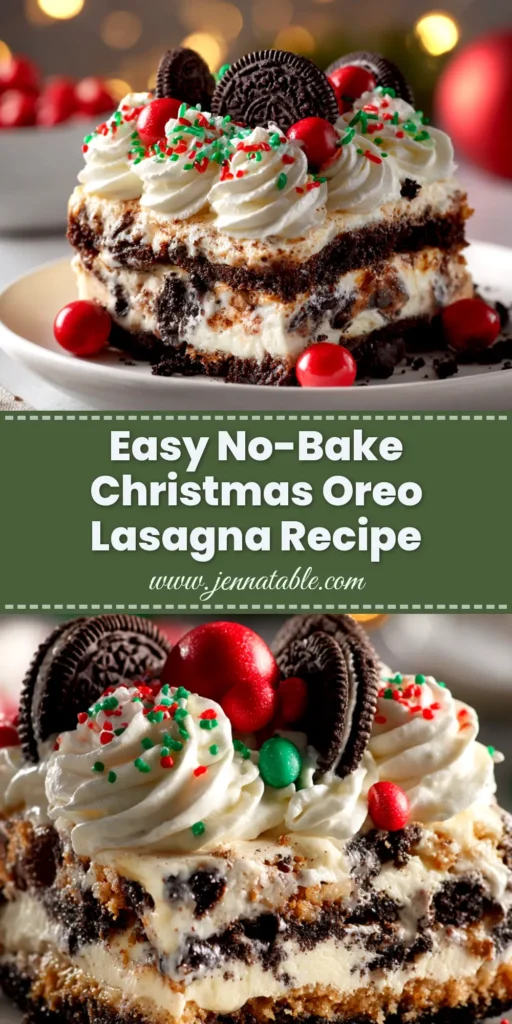 No-Bake Christmas Oreo Lasagna (The Ultimate Holiday Treat) 4 A festive slice of No-Bake Christmas Oreo Lasagna on a plate, showing distinct layers of Oreo crust, cream cheese, and chocolate pudding with a whipped topping and sprinkles.