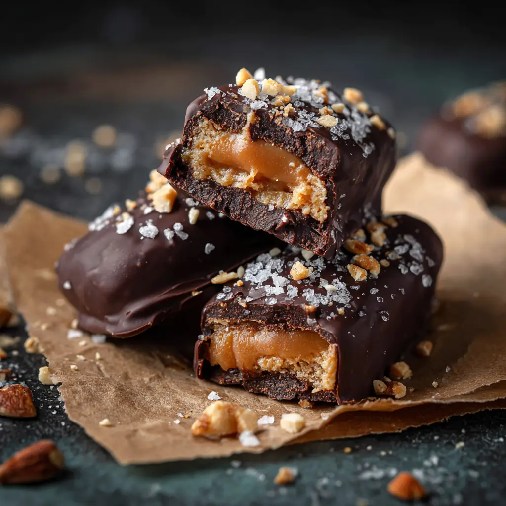 A row of freshly made date snickers bars coated in dark chocolate and sprinkled with sea salt.