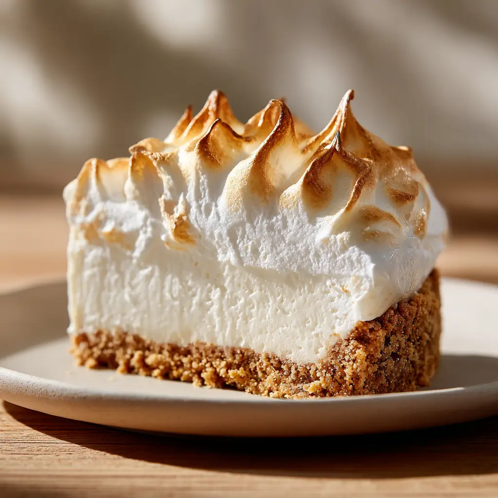 A side view of a slice of no-bake cheesecake, emphasizing the thick graham cracker crust and the smooth, fluffy filling.