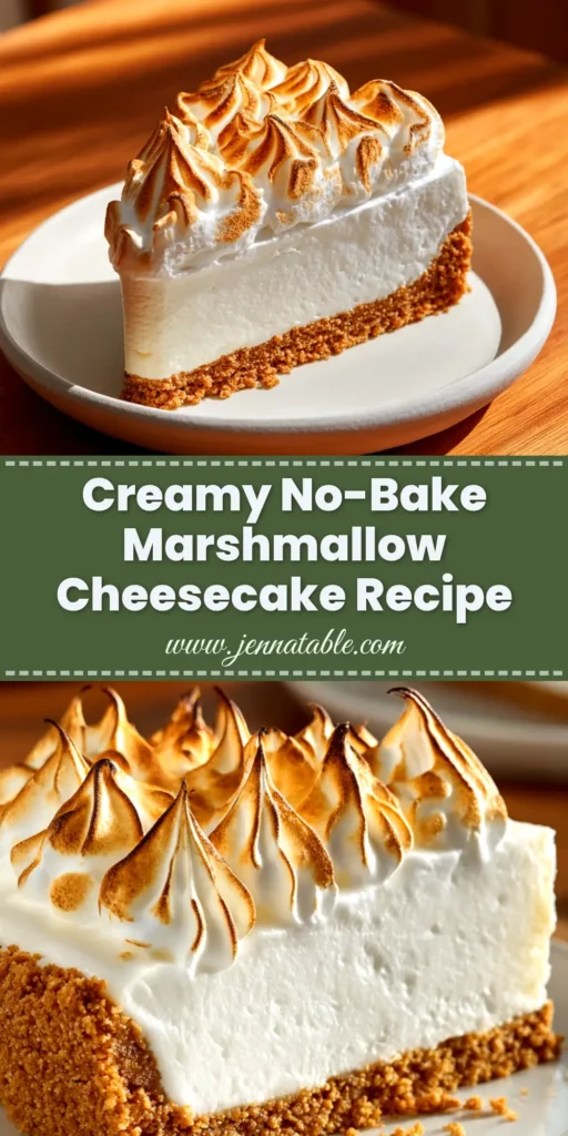 An overhead shot of a full No-Bake Marshmallow Cheesecake on a white cake stand, ready to be sliced and served.