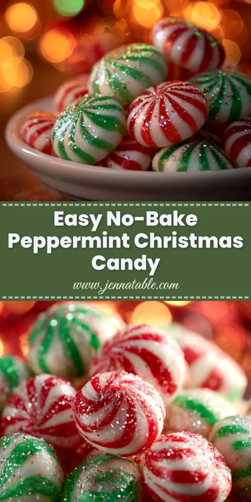A stack of festive No-Bake Peppermint Balls coated in white chocolate and crushed candy canes, perfect for a holiday dessert platter.