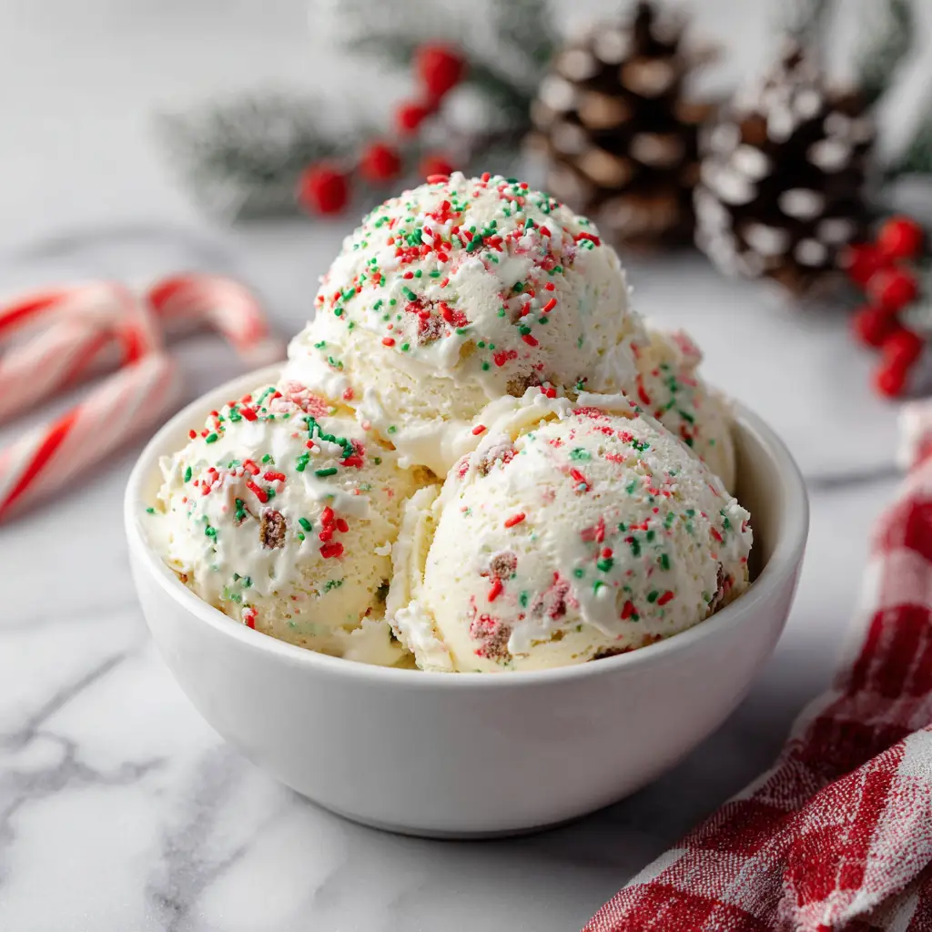 A close-up shot of the creamy texture of the no-churn Christmas cookie ice cream, with a spoon taking a bite to show the cookie chunks inside.