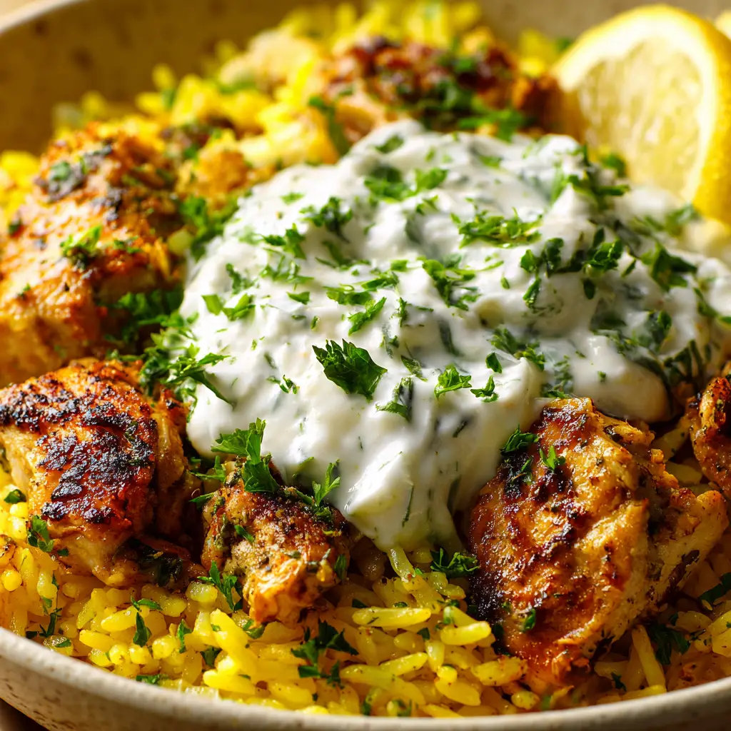 A serving of the one-pan chicken tzatziki rice on a plate, topped with a generous dollop of creamy tzatziki sauce and fresh dill.