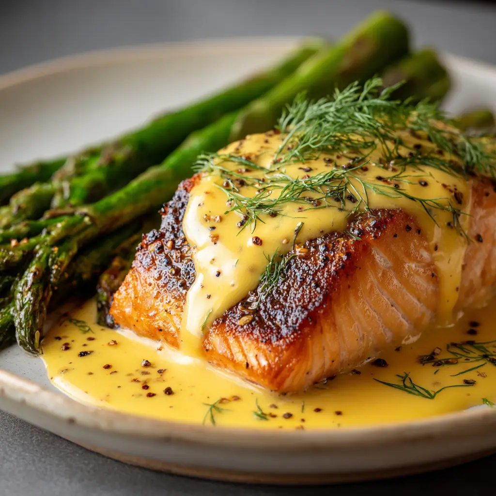 A skillet full of creamy Tuscan salmon, with sun-dried tomatoes and spinach visible in the rich, delicious sauce.