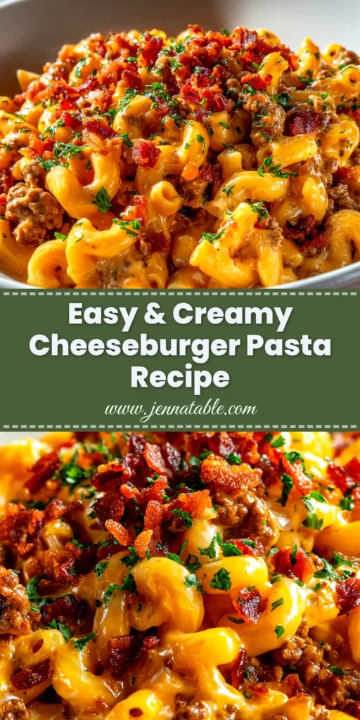 A delicious bowl of creamy one-pot Bacon Cheeseburger Pasta, garnished with fresh parsley and extra bacon. The perfect easy weeknight dinner recipe.