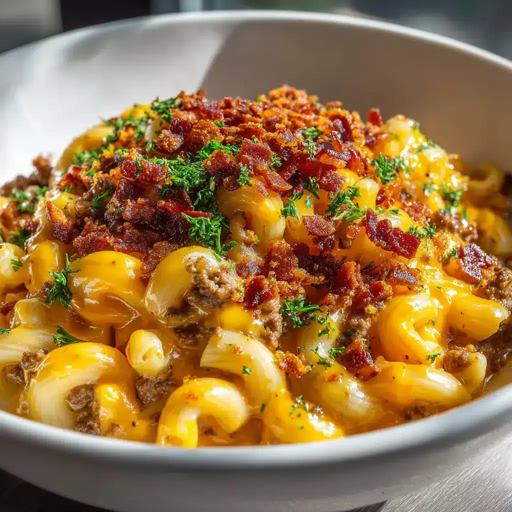The completed bacon cheeseburger pasta being stirred in a large cooking pot.