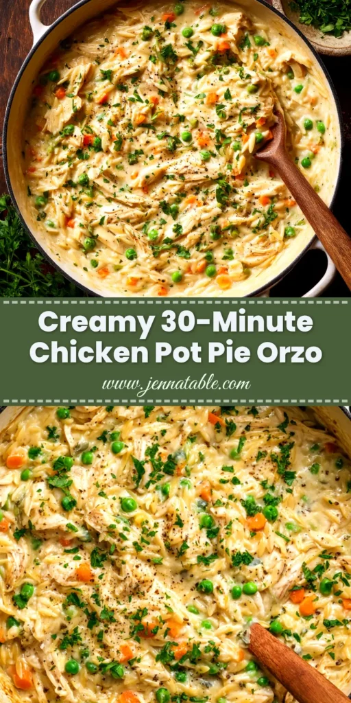 A large white bowl filled with creamy chicken pot pie orzo, garnished with fresh parsley. The one-pot meal is rich and comforting.