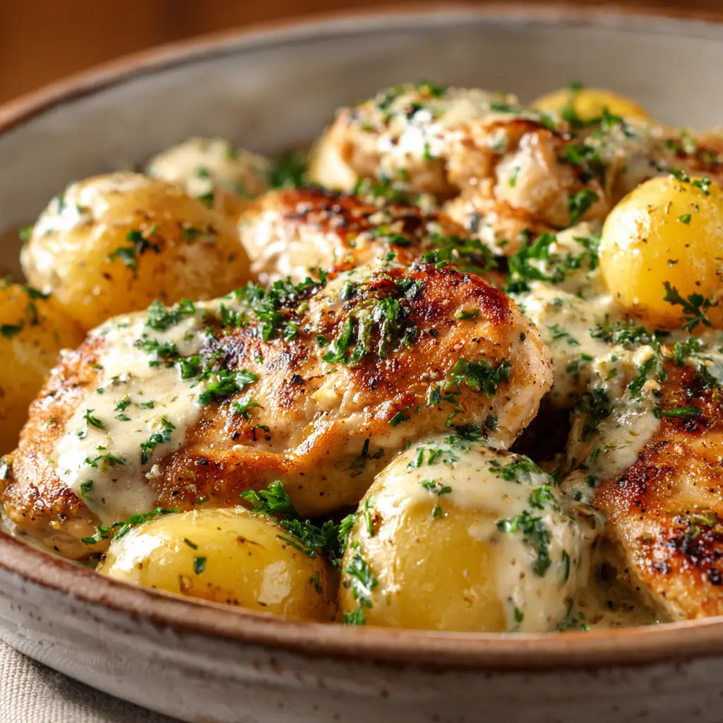 Crockpot Chicken and Potatoes (Creamy Garlic Herb) 1 A spoonful of creamy one-pot chicken and potatoes being lifted from a bowl, showcasing the easy and delicious result of the crockpot recipe.