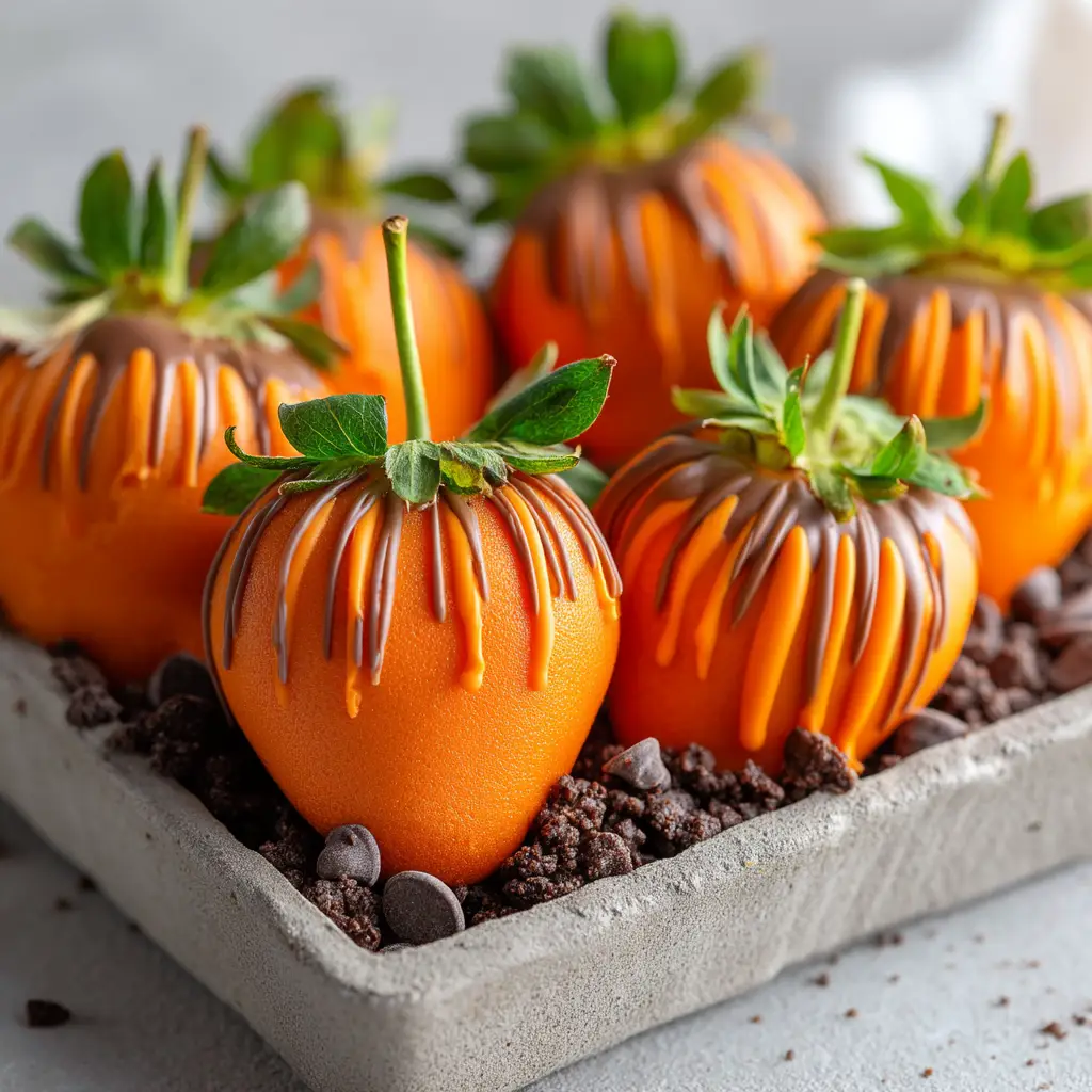 A close-up shot of several fresh strawberries dipped in smooth, vibrant orange-colored white chocolate, ready to become pumpkin patch strawberries.