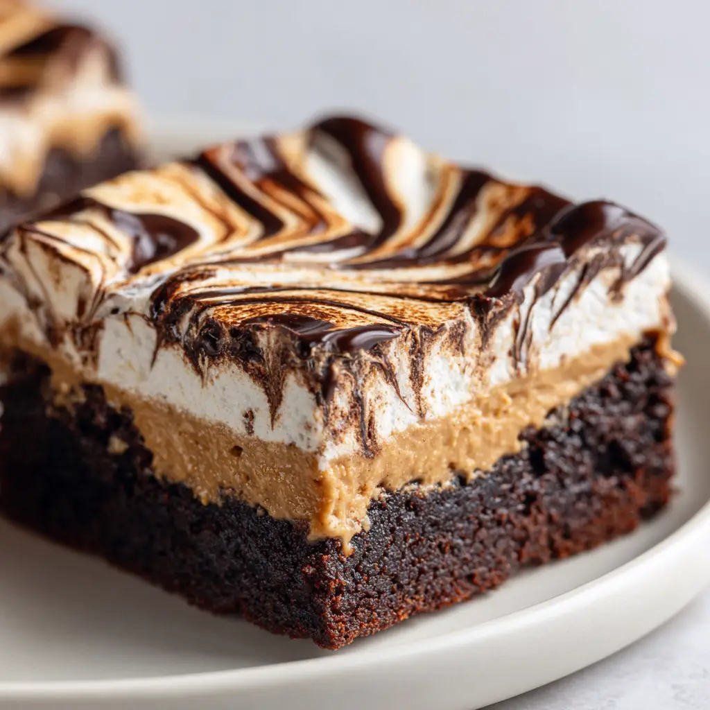 The process of swirling creamy peanut butter into rich chocolate brownie batter in an 8x8 baking pan before baking the marshmallow peanut butter brownies.