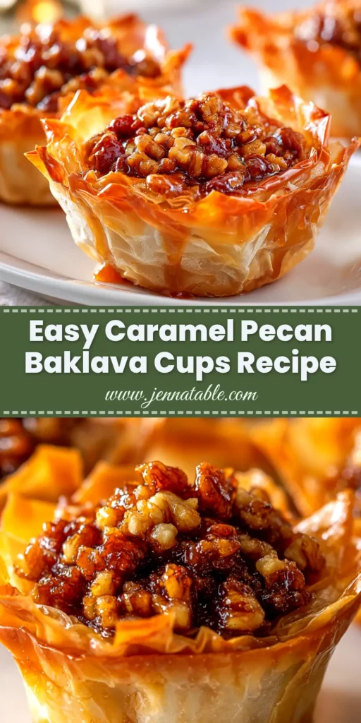 A platter of Pecan Caramel Baklava Cups, showcasing their golden-brown phyllo layers, generous pecan filling, and glistening caramel topping.