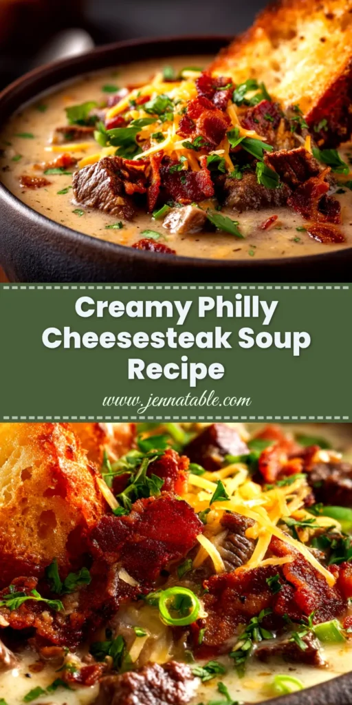 A bowl of creamy Philly cheesesteak soup topped with melted provolone cheese, tender steak, and sautéed green peppers, ready to be eaten.