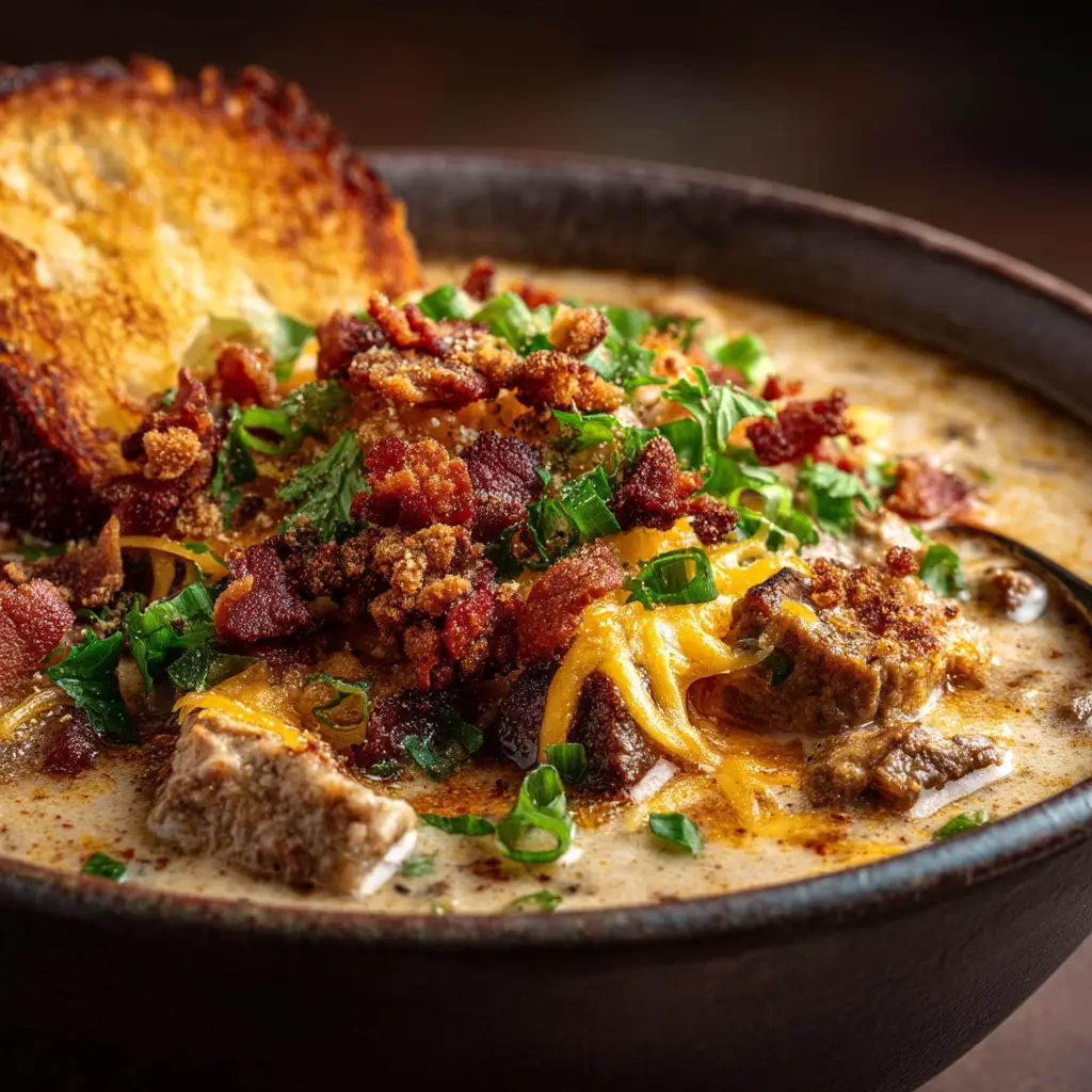 A spoonful of Philly cheesesteak soup being lifted from a bowl, showing the melted cheese and hearty ingredients.