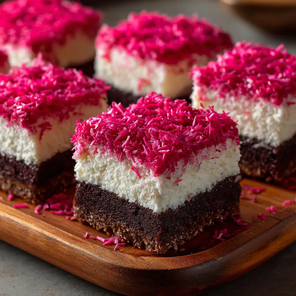 Pink Coconut Snowball Cake Bars: The Easiest No-Bake Treat 1 A close-up shot of a single pink coconut snowball cake bar, showing the detail of the shredded coconut topping and the soft marshmallow base.