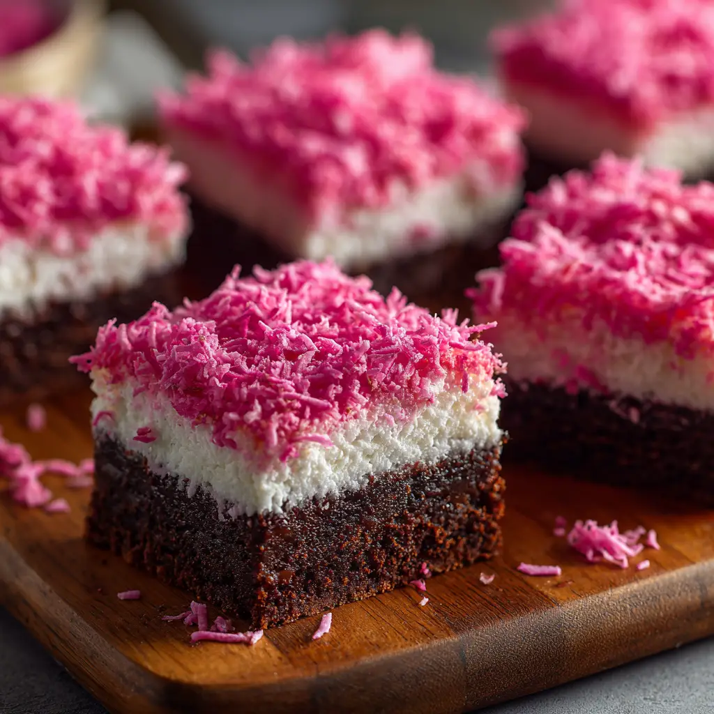 Pink Coconut Snowball Cake Bars: The Easiest No-Bake Treat 2 A beautiful overhead shot of several square pink coconut snowball cake bars arranged neatly on a serving platter.