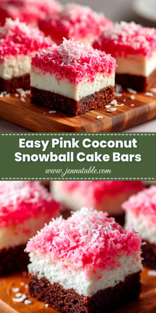 A tray of delicious Pink Coconut Snowball Cake Bars, showing the fluffy marshmallow topping and vibrant pink coconut flakes.