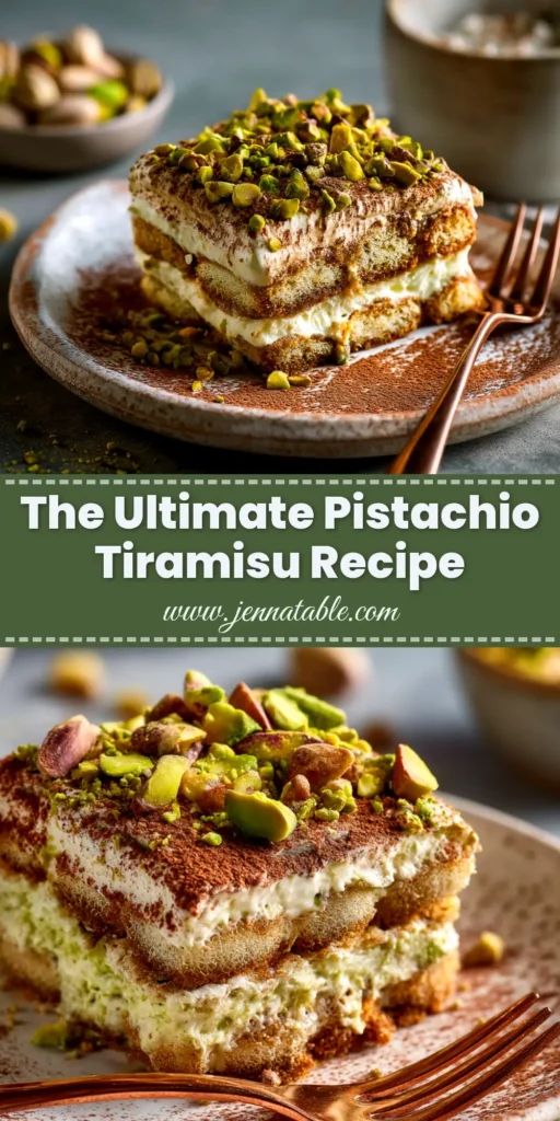 Pistachio Tiramisu Recipe: A Creamy Italian Dream 3 A stunning slice of pistachio tiramisu on a plate, showcasing its creamy layers and a generous topping of chopped pistachios. The perfect pistachio tiramisu recipe.