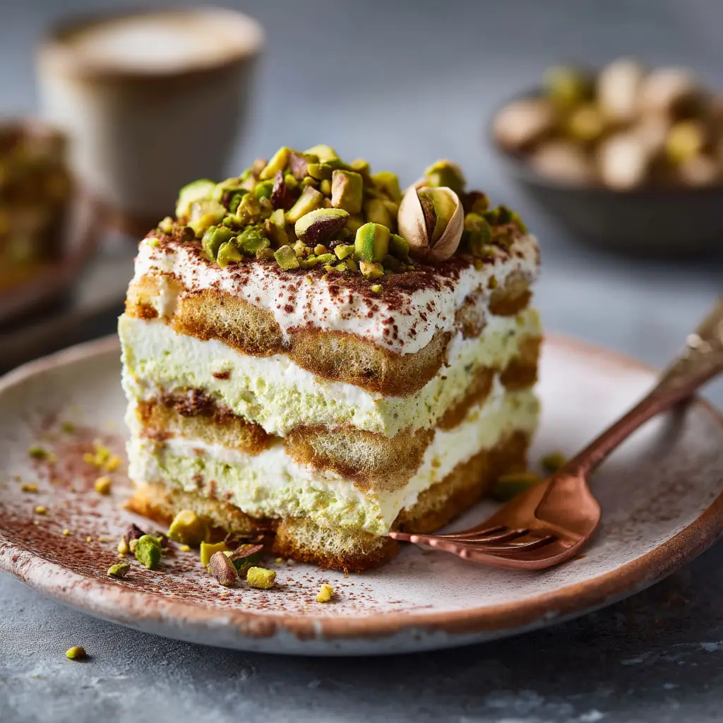 Pistachio Tiramisu Recipe: A Creamy Italian Dream 2 An exquisite square slice of pistachio tiramisu served on a white dessert plate, highlighting the creamy green pistachio filling between layers of ladyfingers.