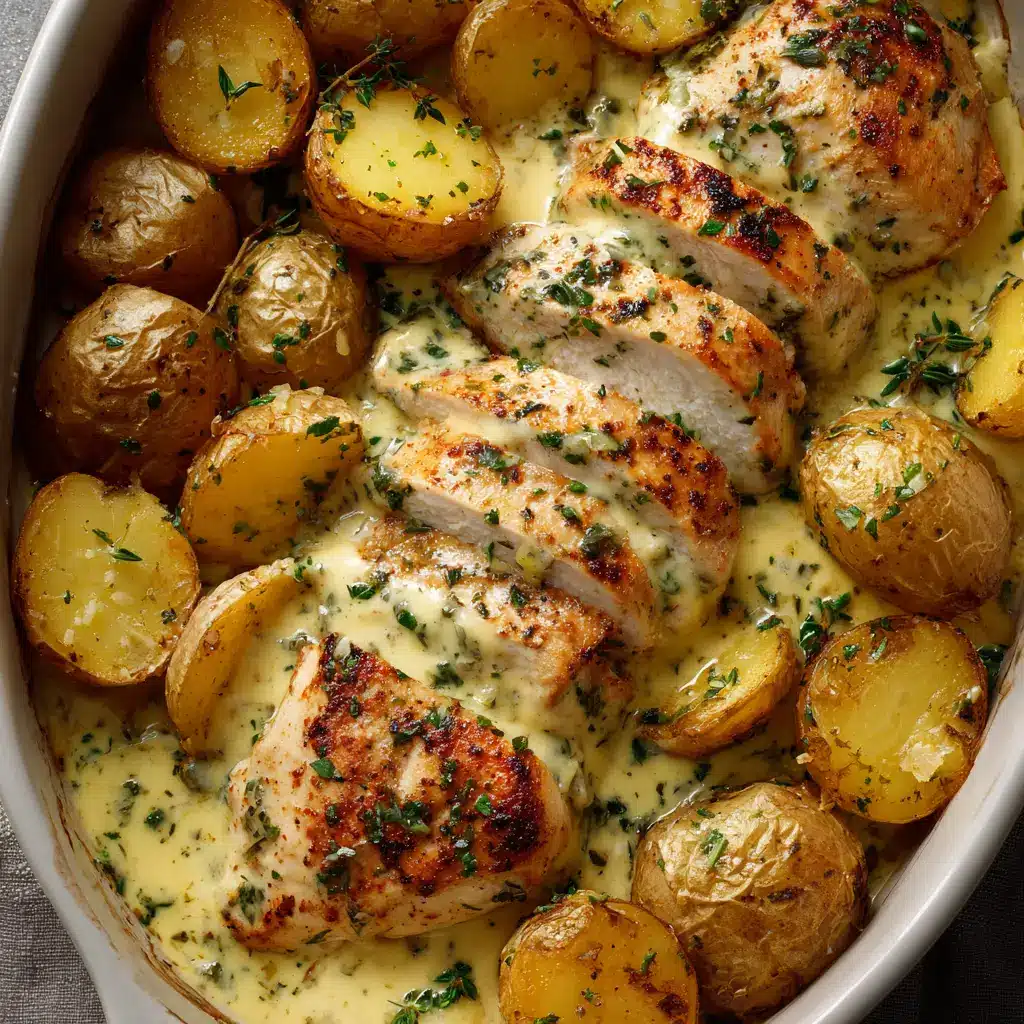 A close-up view of a serving of Creamy Herb Chicken on a plate, garnished with fresh herbs and ready to eat.