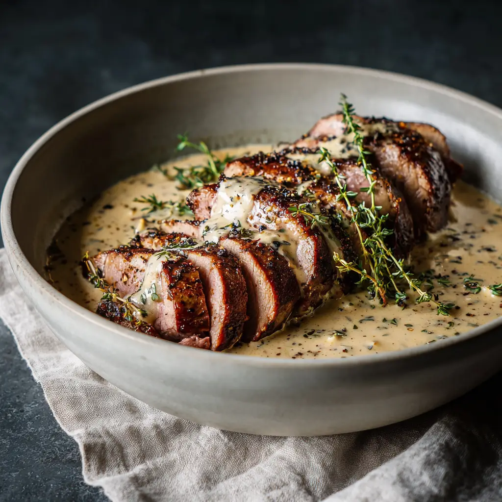 A skillet with sliced pork tenderloin simmering in a rich, creamy dijon mustard sauce, garnished with fresh herbs.