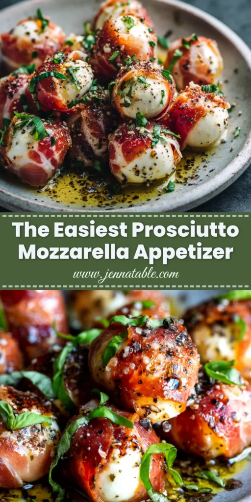 A close-up of crispy Prosciutto Wrapped Mozzarella bites on a white plate, drizzled with balsamic glaze and garnished with fresh basil. The perfect easy appetizer recipe.