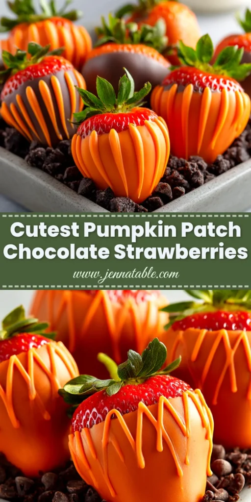 A platter of pumpkin patch strawberries. The strawberries are dipped in orange chocolate and placed on a bed of crushed Oreo 'dirt' to create a festive Halloween dessert.