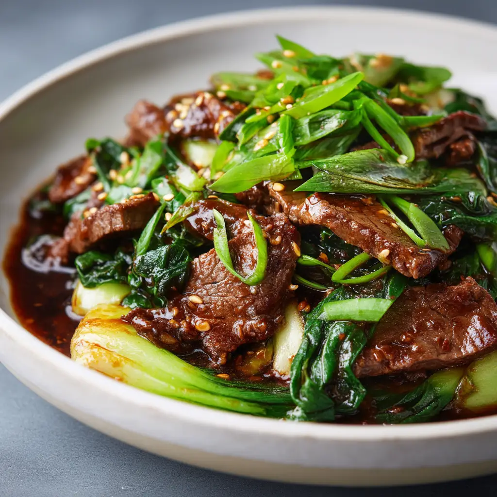 A spoonful of the quick Chinese beef recipe, showing the rich stir fry sauce coating the beef, bok choy, and rice.
