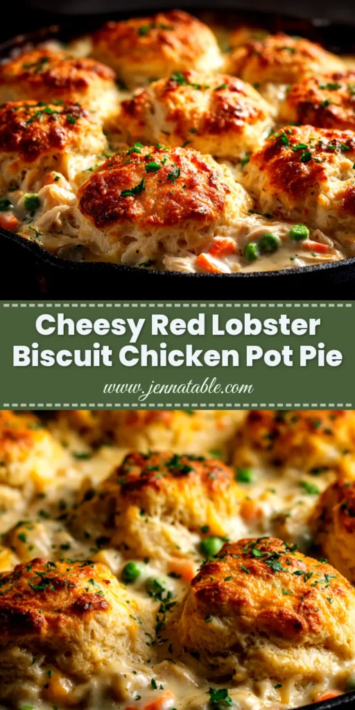 A delicious slice of Red Lobster Biscuit Chicken Pot Pie on a plate, showing the creamy filling and a golden brown, cheesy cheddar bay biscuit topping.