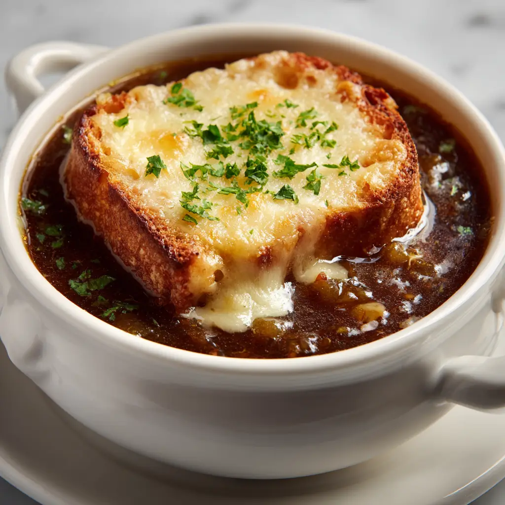 Classic French Onion Soup Recipe 1 A different angle of the French Onion Soup in a white bowl, showing the deep brown broth and richly caramelized onions under the cheesy topping.
