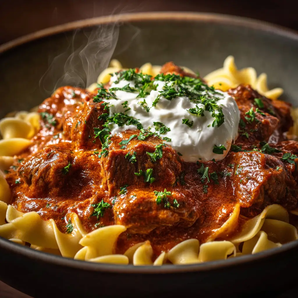 German Goulash Recipe: The Ultimate Guide to Authentic Rindergulasch 1 A delicious serving of Rindergulasch, the classic German stew, ready to be eaten. The photo shows the deep red color from the paprika and tomato.
