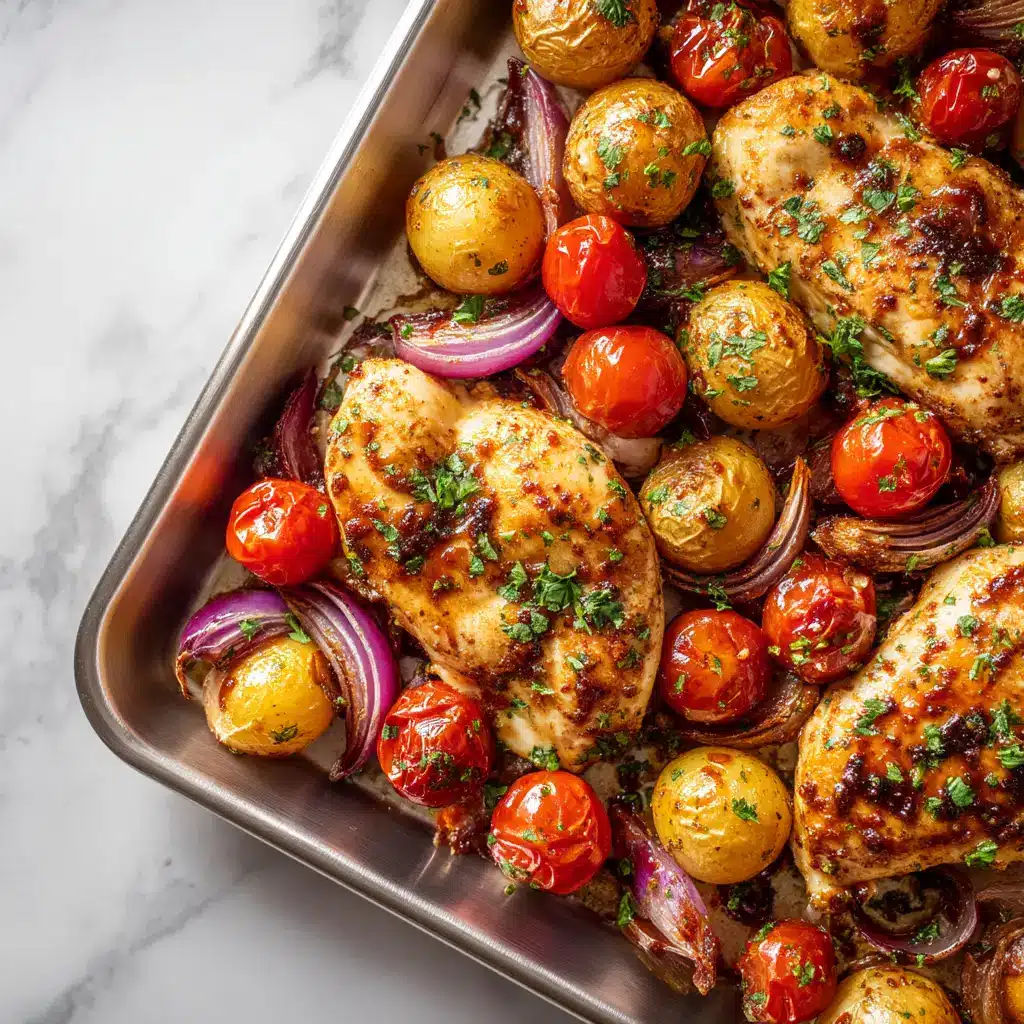 Sheet Pan Balsamic Chicken and Veggies 2 A close-up shot of balsamic chicken and veggies on a sheet pan. The focus is on the caramelized edges of the broccoli and the juicy, glazed chicken thighs.