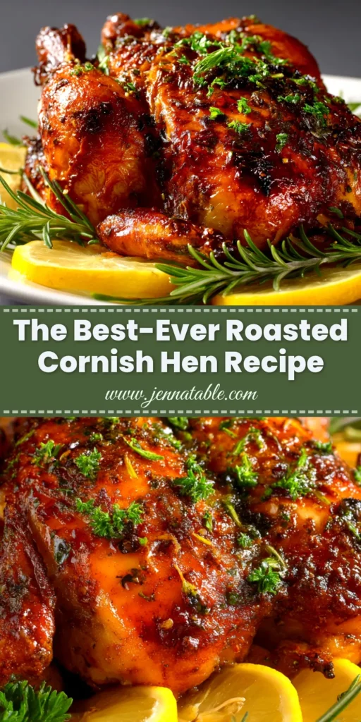 A perfectly Roasted Cornish Hen recipe with crispy golden skin, garnished with fresh rosemary and lemon slices on a serving platter.