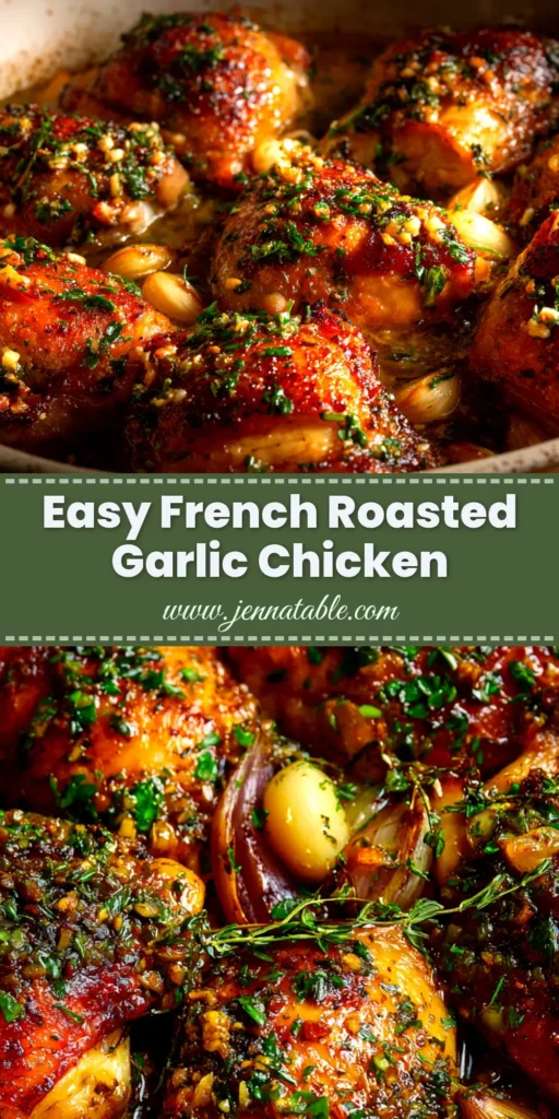 A perfectly golden-brown Roasted Garlic Chicken on a platter, ready to be carved. The crispy skin is glistening, and it's garnished with fresh herbs, promising a juicy and flavorful meal.